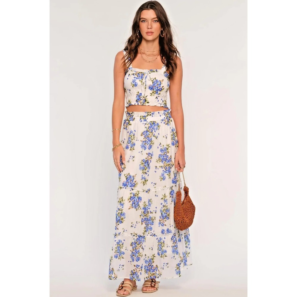 Heartloom Toby 2 Piece Maxi Skirt Cropped Top Floral Blue Hydrangea Large Cotton